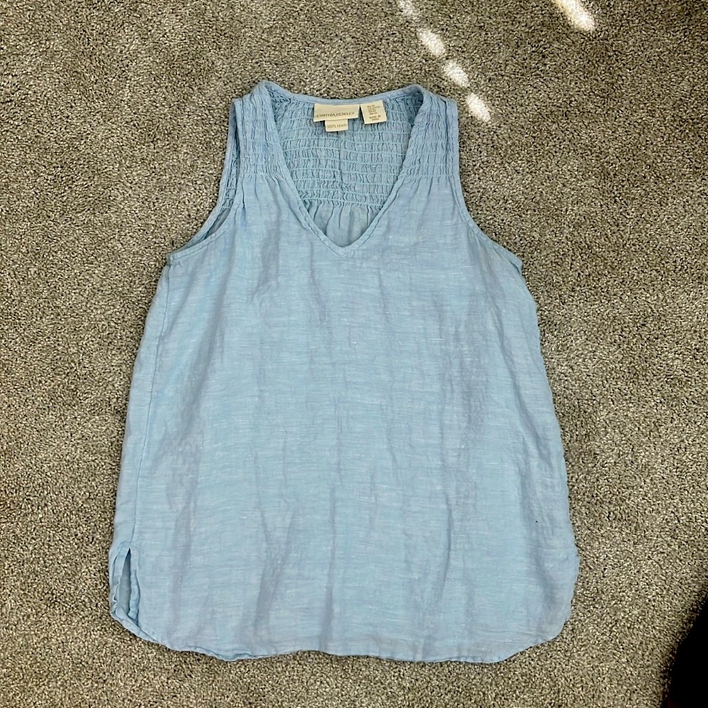 Cynthia Rowley 100% Linen Blue tank top blouse v neck